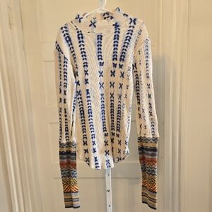 Free People Cream Knit Top with Blue Pattern and Multi-Color Sleeves